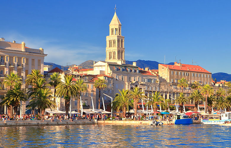 Sunny-harbor-on-the-Adriatic-sea-coast-with-Venetian-church-and-traditional-buildings-Split-Croatia-- must see croatia 5 days tour